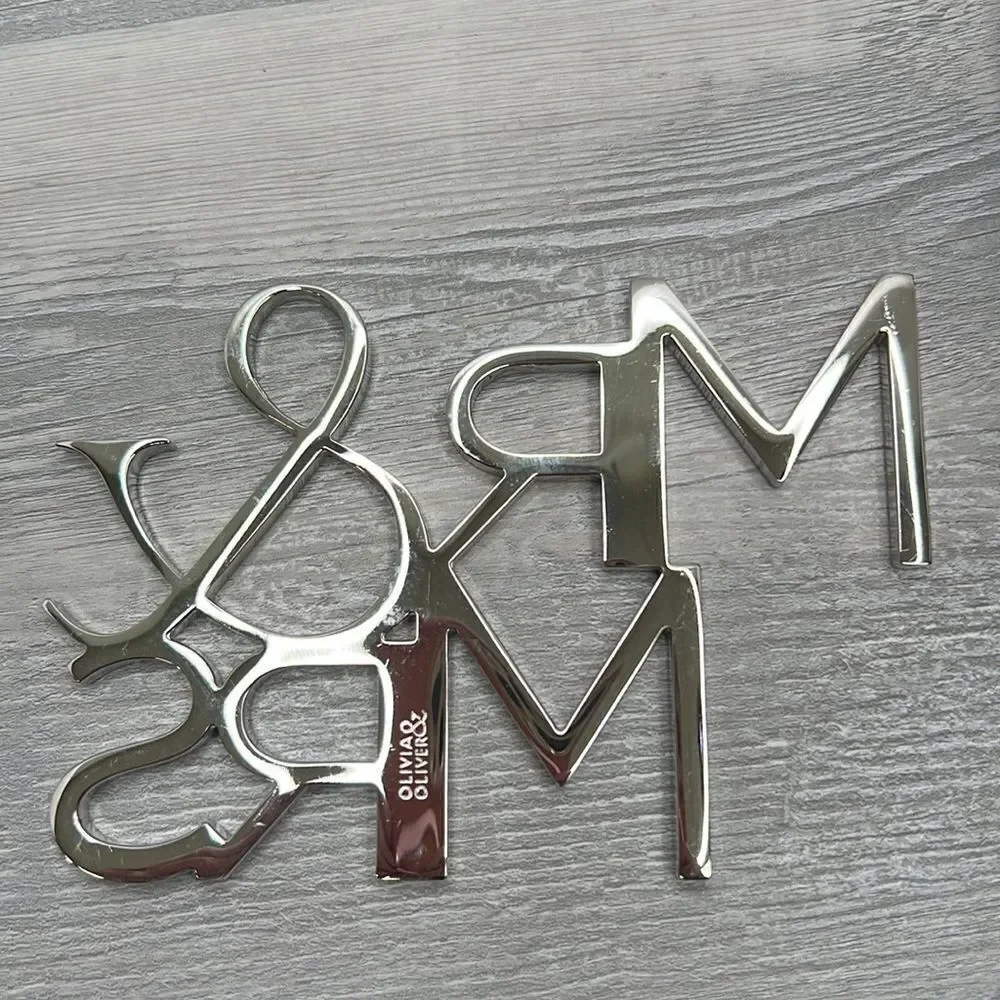 Olivia &Oliver Polished Silver Finish Mr. & Mrs. cake topper EUC
